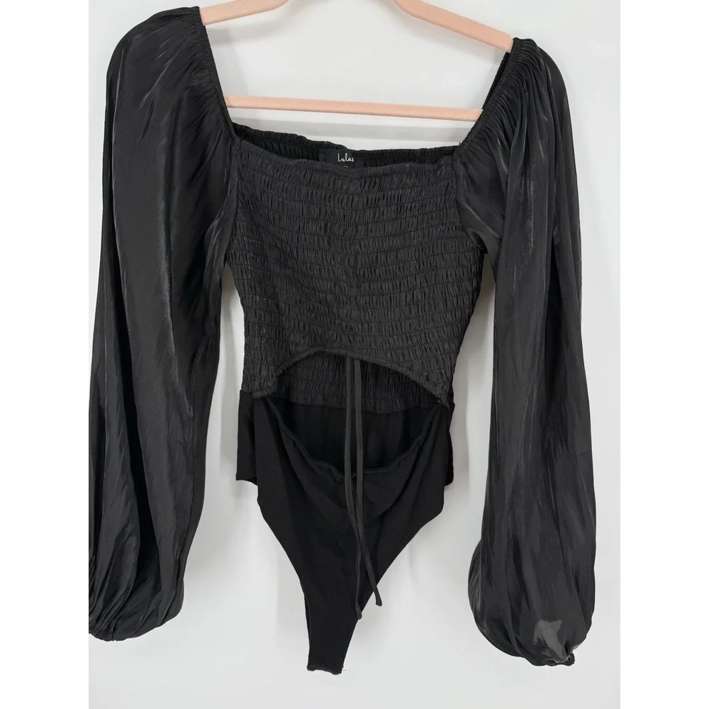 Lulus Black Smocked Square Neck Bodysuit with Satin Balloon Sleeves & Cutout M - Picture 1 of 6
